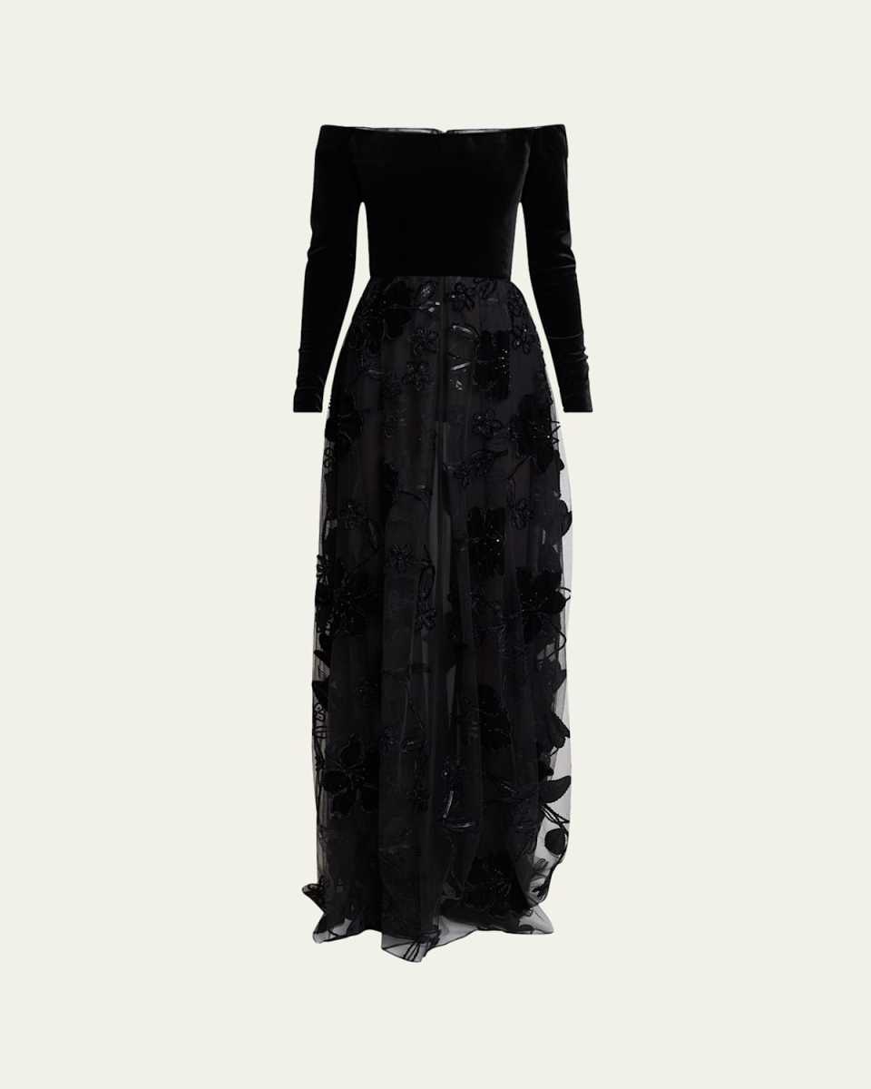 Off-The-Shoulder Velvet Sequined Tulle Gown